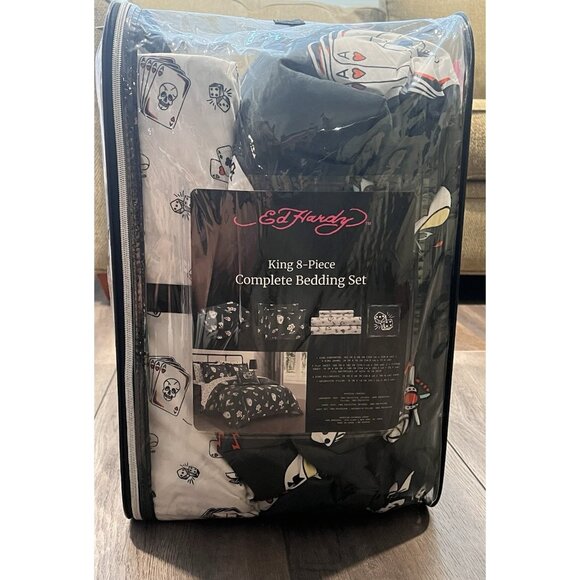 New Ed Hardy King 8Pc Complete Bedding Set Comforter Sheet Pillowcase Black - Picture 3 of 12